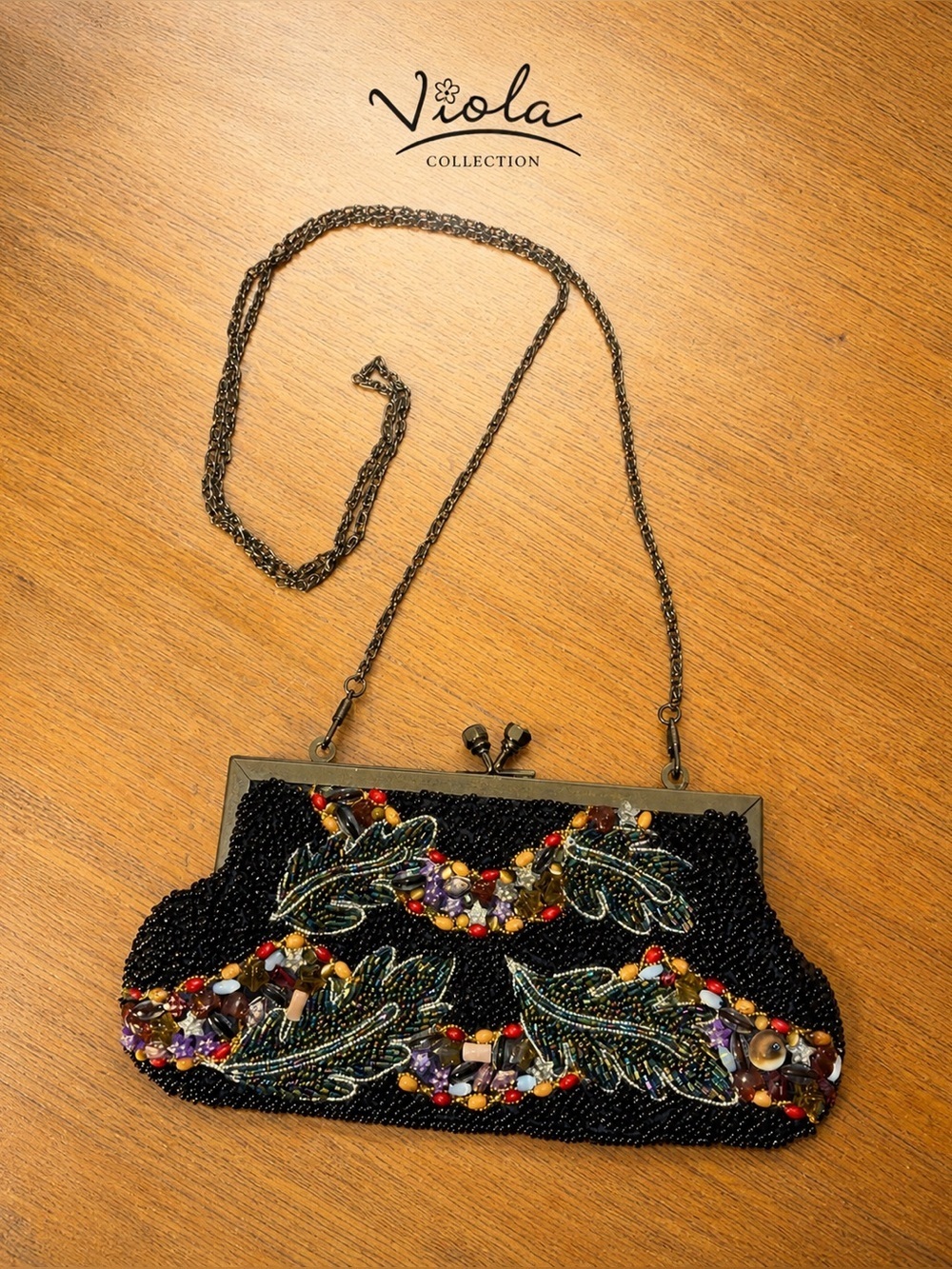 VIOLA COLLECTION Black Beaded Floral Evening Clutch Bag